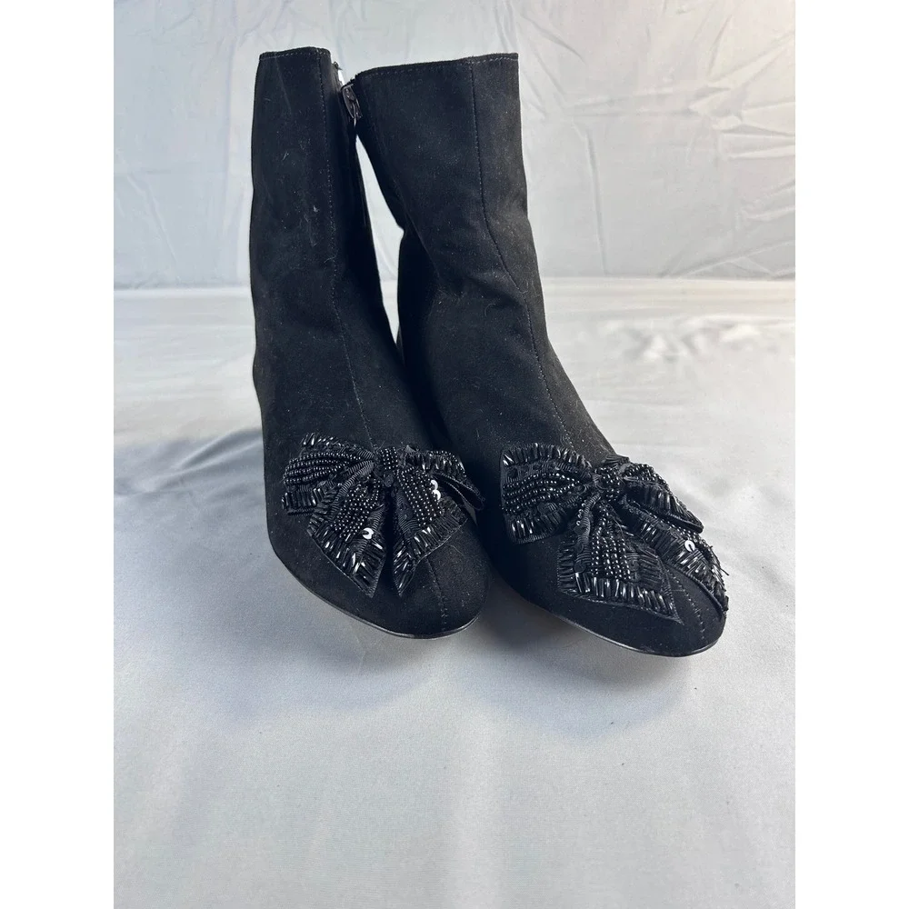 Zara Basic Blk Faux Suede Beaded Bow Ankle Boots Block Heel 6080/201/040 Size 37